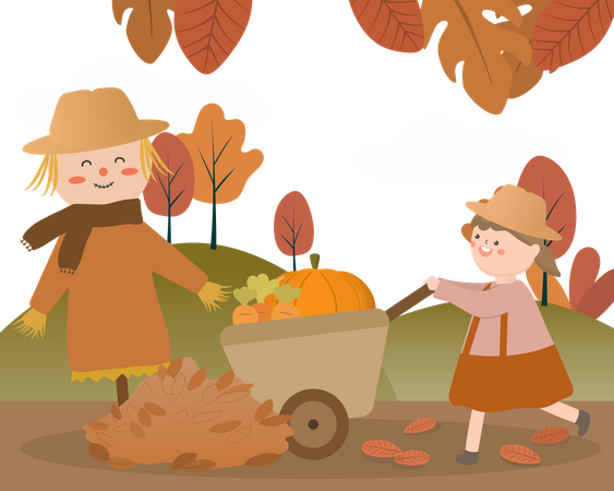 Lovely girl pushing cart with pumpkin Illustration