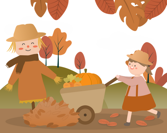 Lovely girl pushing cart with pumpkin  Illustration