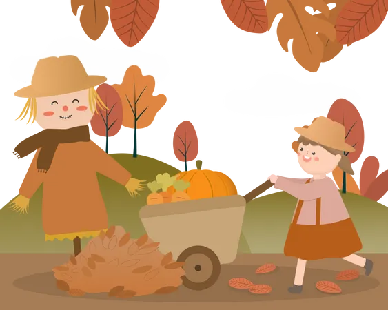 Lovely girl pushing cart with pumpkin  Illustration