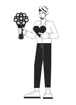 Lover Flat Line Black White Vector Character Romantic Man Holding Bouquet And Sweets Editable Outline Full Body Person Simple Cartoon Isolated Spot Illustration For Web Graphic Design Illustration