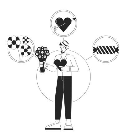 Lover Person Archetype Bw Concept Vector Spot Illustration Caucasian Man With Flowers And Candies 2 D Cartoon Flat Line Monochromatic Character For Web UI Design Editable Isolated Outline Hero Image Illustration