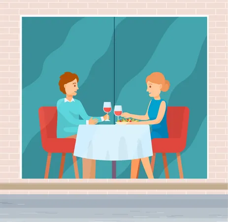 Lovers On A Date In A Restaurant Married Couple Celebrate The Holiday Together Man And Woman Sitting At The Table And Drinking Red Wine People Communicating On A Date Nice Family Evening Illustration
