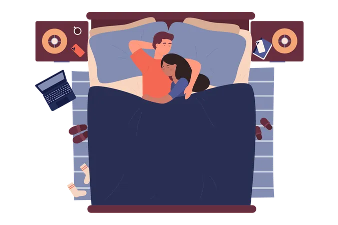 Lovers Young People Sleeping Together Man And Woman Couple In Bed At Night Near Window Top View Isolated Flat Vector Illustration Illustration
