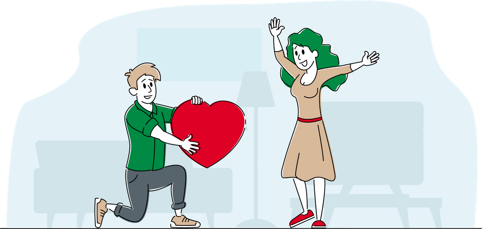 Loving Boyfriend Presenting Heart to Girlfriend Standing on Knee  Illustration