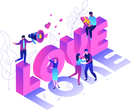 Valentines Day Modern Colorful Isometric Vector Illustration On White Background High Quality Composition With Male Female Characters Congratulating Each Other On 14th February Big Love Sign Illustration