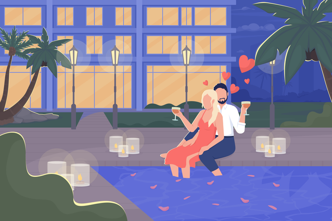 Loving couple at poolside in evening Illustration