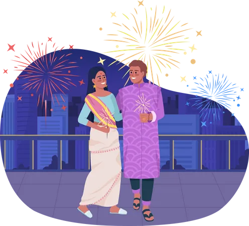 Loving couple celebrating Diwali holiday Illustration