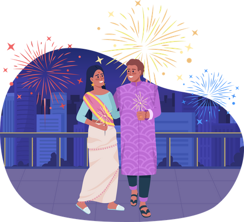 Loving couple celebrating Diwali holiday  Illustration