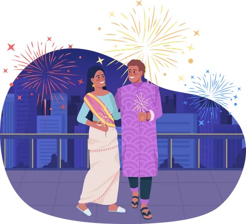 Loving couple celebrating Diwali holiday  Illustration