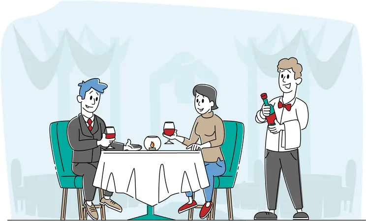 Romantic Relations Love Meeting Happy Loving Couple Characters Dating In Restaurant With Waiter Serving Young Man And Woman Holding Glasses In Hands Sit At Table Linear People Vector Illustration 일러스트레이션