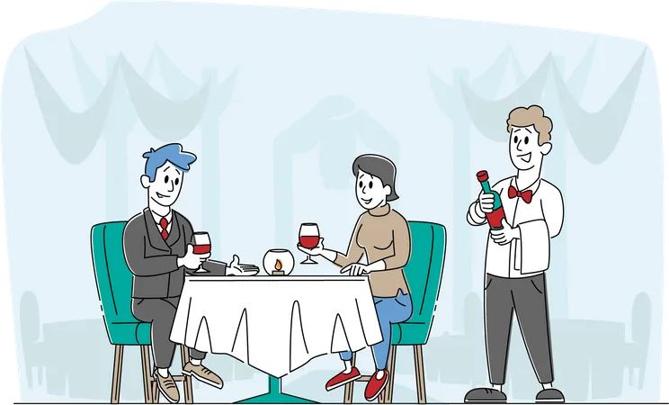 Loving Couple Dating in Restaurant with Waiter Serving  Illustration