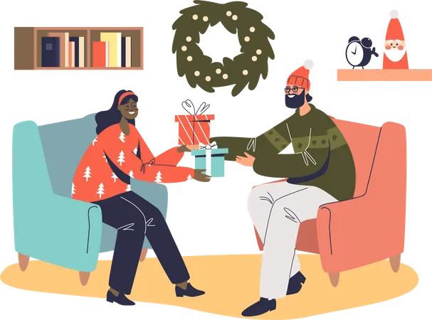 Loving Couple Exchanging Christmas Gift Celebrate Xmas Holiday Together Sitting In Armchairs In Decorated Living Room New Year Eve Celebration Concept Cartoon Flat Vector Illustration Illustration