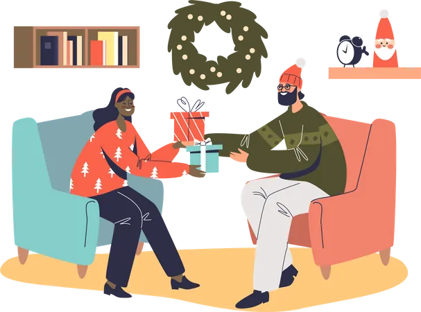 Loving couple exchanging christmas gift  Illustration