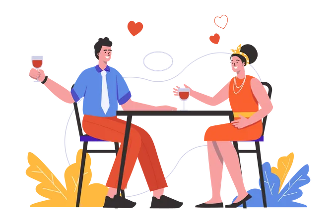 Loving Couple Having Dinner In Restaurant On Romantic Date Man And Woman Drinking Wine While Sitting At Table People Scene Isolated Relationship Concept Vector Illustration In Flat Minimal Design Illustration