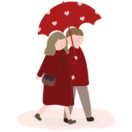 Happy Valentines Day Festival Concept Walking With Each Other Loving Couple Holding Umbrella And Love Emotion Flat Vector Illustration Illustration