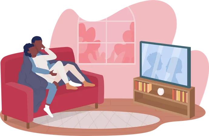 Loving Couple In Living Room 2 D Vector Isolated Illustration Man And Woman Watching Tv Romantic Couple Flat Characters On Cartoon Background Date Colourful Scene For Mobile Website Presentation Illustration