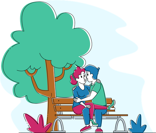 Loving Couple Kissing on Bench in Park Illustration