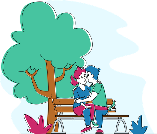 Loving Couple Kissing on Bench in Park  Illustration