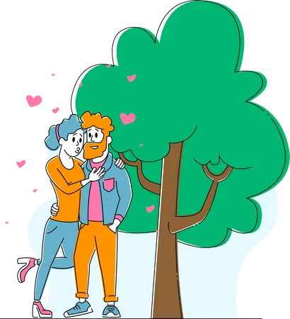 Happy Loving Couple Kissing Outdoors Man And Woman Characters Spend Time Together Hugging And Rejoice With Hearts Around Love Relation Togetherness Sparetime Linear People Vector Illustration Illustration