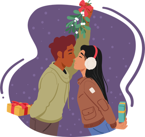 Loving couple kissing under mistletoe  Illustration