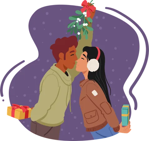 Loving Couple Characters Kissing Under Mistletoe Amidst Festive Lights Their Love Kindled By Holiday Magic Sharing A Tender Kiss In The Warm Glow Cartoon People Vector Illustration Illustration