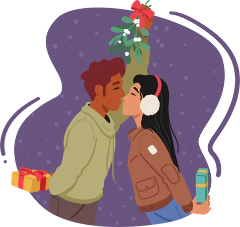 Loving couple kissing under mistletoe  Illustration