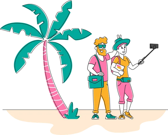 Loving Couple  Making Selfie on Smartphone at Tropical Resort  Illustration