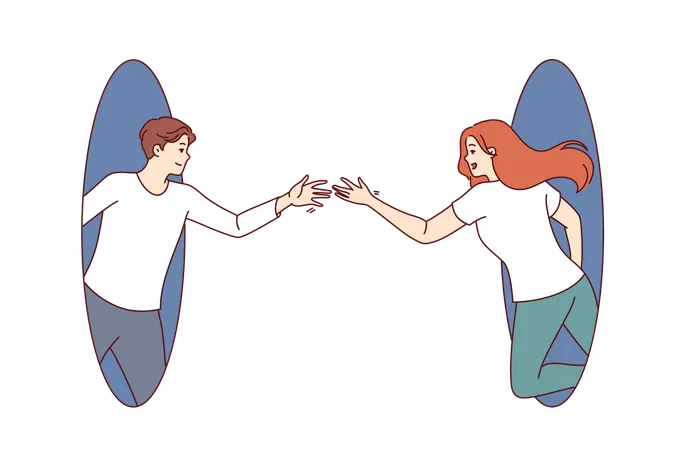 Loving couple man and woman are trying to hold hands looking out from different holes  Illustration