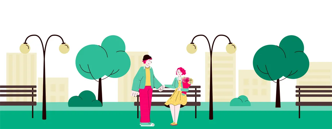 Loving couple meeting in city park  Illustration