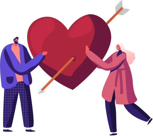 Loving Couple Share Red Heart with Arrow  Illustration