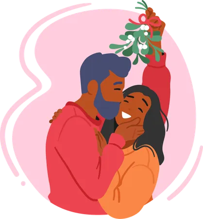 Loving Couple Male And Female Characters Shares A Tender Kiss Under The Festive Mistletoe Amidst Twinkling Lights Their Love Kindling Warmth In The Winter Night Cartoon People Vector Illustration Illustration
