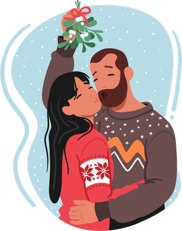 Loving couple shares tender kiss under mistletoe  Illustration