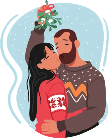Male And Female Couple Characters Embrace Sharing A Tender Kiss Beneath The Mistletoe Allure Their Love Illuminated By The Festive Glow Of Holiday Cheer Cartoon People Vector Illustration Illustration