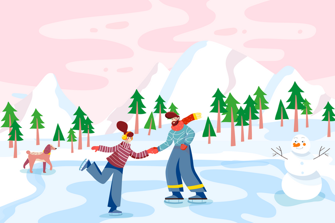 Loving couple skating at frozen lake  Illustration