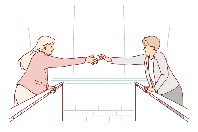 Loving couple stands on opposite sides of bridge  Illustration