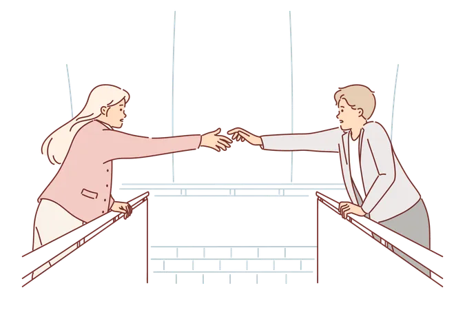 Loving Couple Stands On Opposite Sides Of Bridge And Tries To Hold Hands To Avoid Separation Concept Mutual Love Or Attraction Couple From Man And Woman Who Want To Meet In Spite Of Problems Illustration