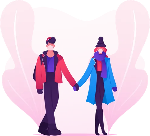 Loving Couple Walking on Road Holding Hands Illustration