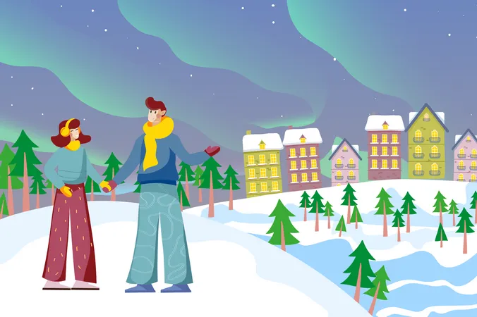 Loving Couple Watching Northern Lights Together In Cityscape Background Winter Landscape With Starry Sky Green Lights City Street Building And Fir Forest Vector Illustration In Flat Cartoon Design Illustration