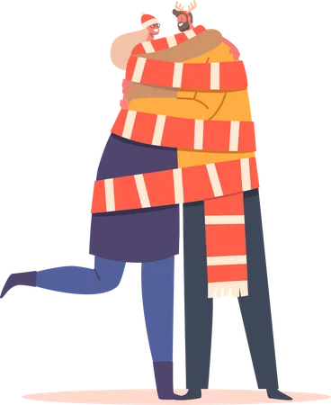 Loving Couple Wrapped in Long Scarf Together  일러스트레이션