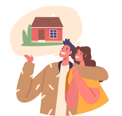 Loving Couple Characters Envisions Their Idyllic Cottage Wrapped In Dreams Of Cozy Fires And Blooming Gardens Nestled In A Tranquil Countryside Haven Cartoon People Vector Illustration Illustration