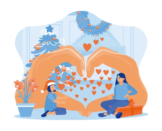 Loving family in front of hands forming a heart symbol and spending Christmas holidays together at home  イラスト