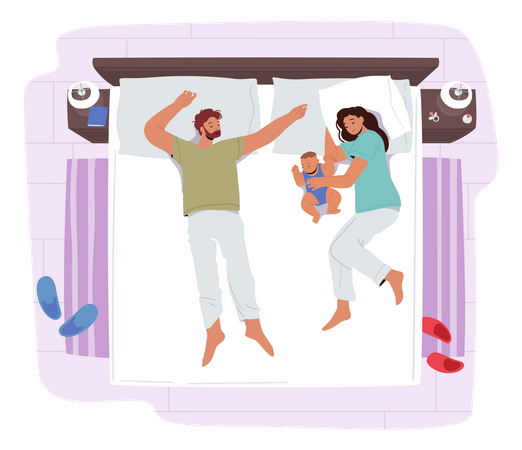 Loving Family Sleeping On One Bed Illustration