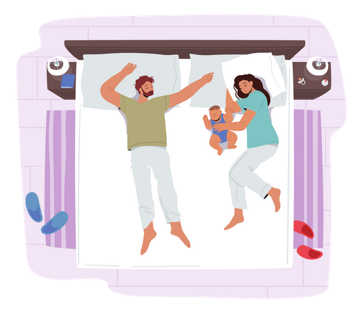 Loving Family Sleeping On One Bed  Illustration