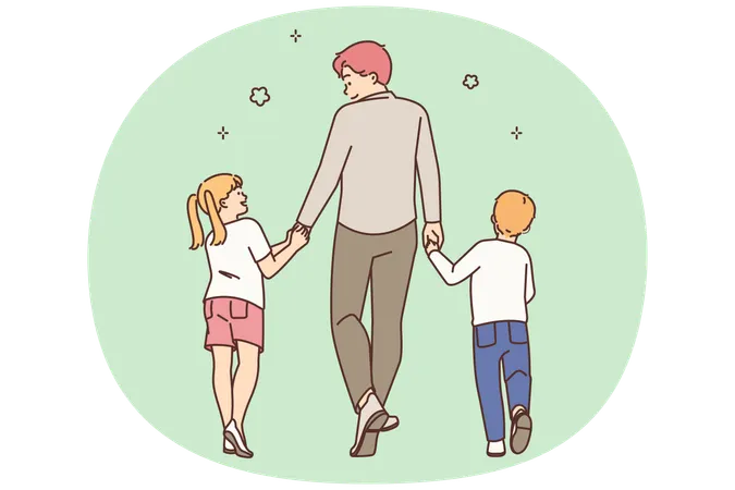 어린아이들과 함께 산책하는 사랑하는 아빠  일러스트레이션