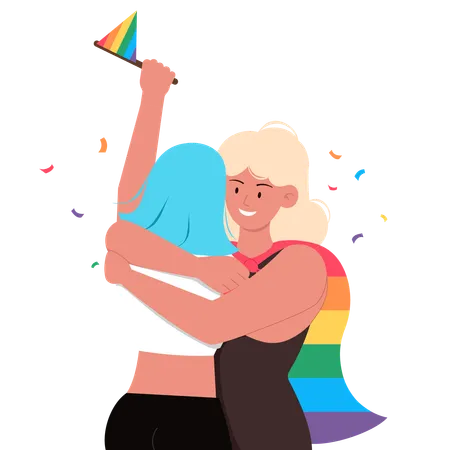 Loving lesbian couple of two women gently hugging and enjoying celebrating pride month  Illustration
