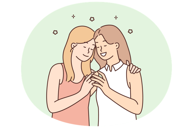 Loving lesbian couple of two women gently hugging and enjoying romantic relationships and dates  Illustration