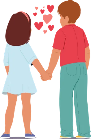 Loving little children standing holding hand in hand view from behind back  Illustration