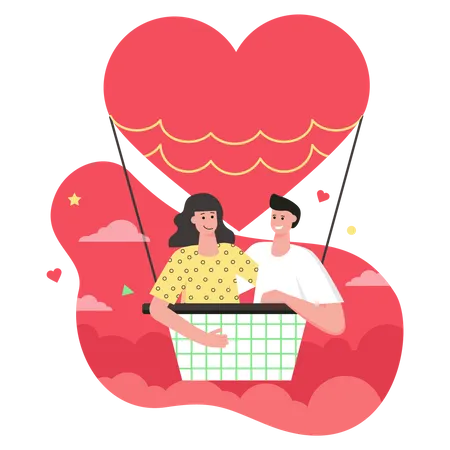 Loving man and woman is flying on hot air balloon Illustration
