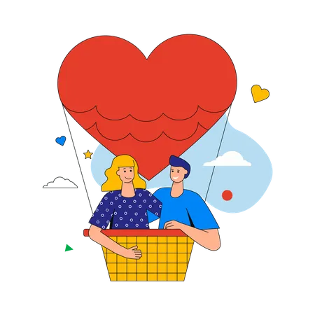 Loving man and woman is flying on hot air balloon  Illustration