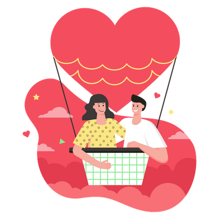 Loving man and woman is flying on hot air balloon  Illustration